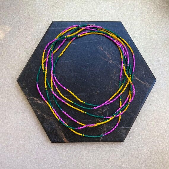 Long Wrap Seed Bead Necklace, Yellow Purple G...