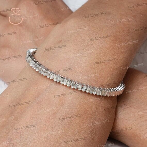 Real Baguette Diamond Cuff Bangle 14k White G...