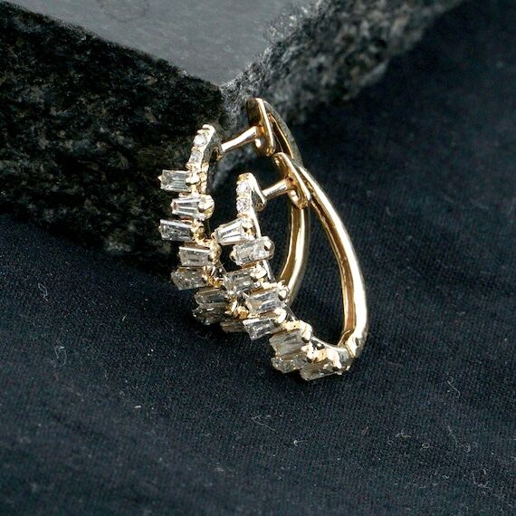 Natural Baguette Diamond Solid 14k Yellow Gol...
