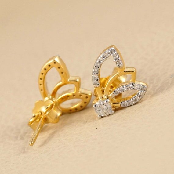 Solid 14k Gold Stud Earrings, Pave Diamond Bu...