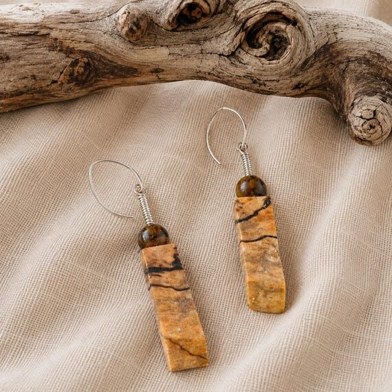Maple Wood Bar Earrings Jasper Bead Dangle Ea...
