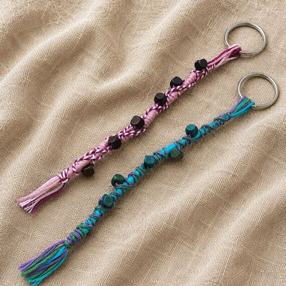 Beaded Keychain with Salvaged Wood Beads Ligh...