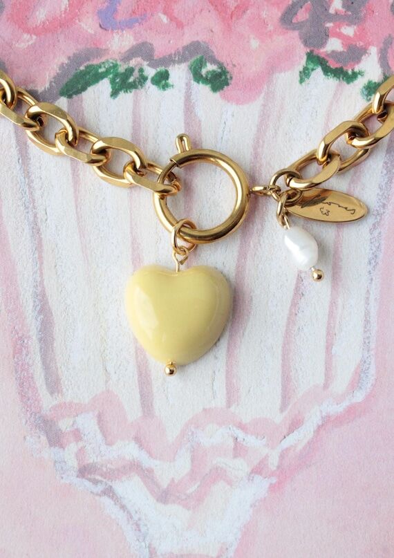 Butter Yellow Polymer Clay Heart Necklace, Go...