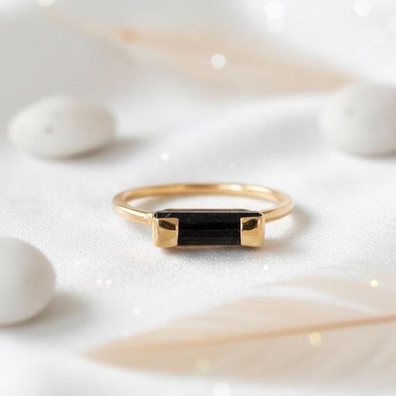 Black Tourmaline Ring, 14k Gold, Raw Sterling...