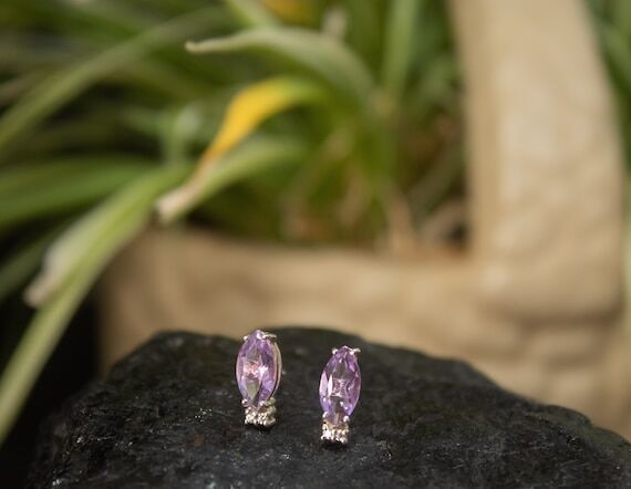 Amethyst Stud Earrings, Faceted Marquise Earr...