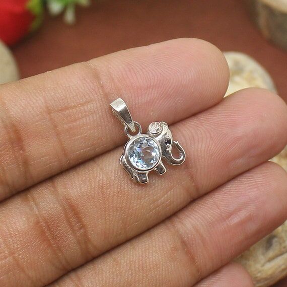 Blue Topaz Necklace Pendant, Topaz Elephant P...