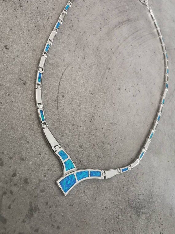Sterling Silver Necklace with Blue Opal Color...