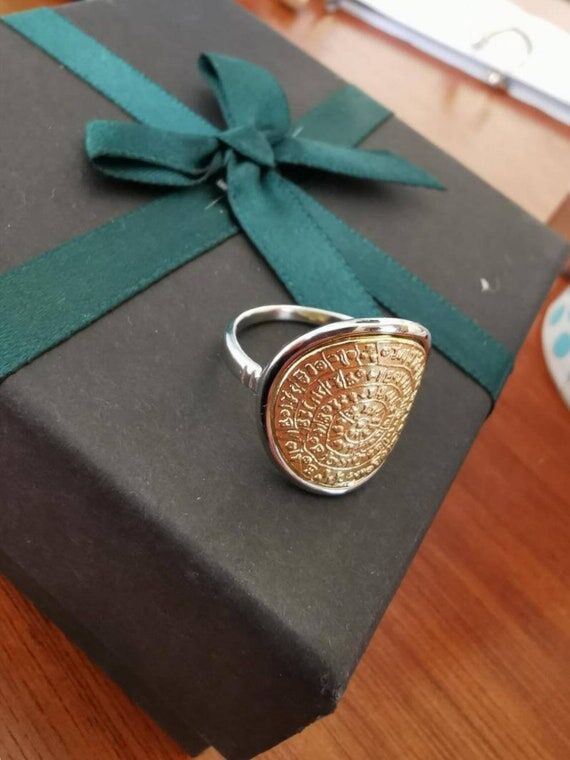 Gold Plated Phaistos Disc Ring, Sterling Silv...