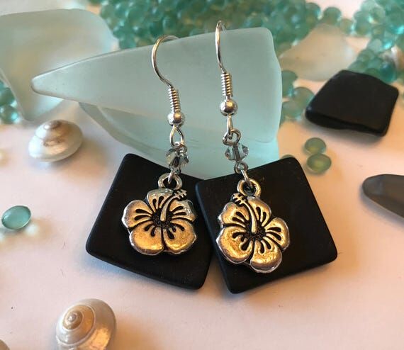 Black Sea Glass Earrings: Antique Silver Hibi...