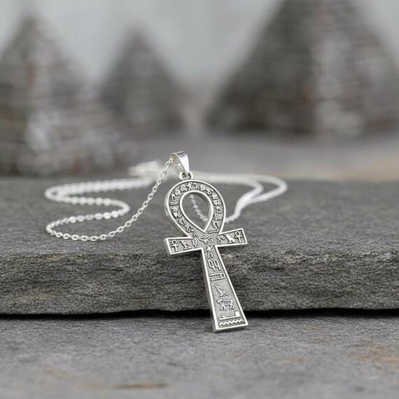 Sterling Silver Ankh Pendant Necklace, Oxidiz...