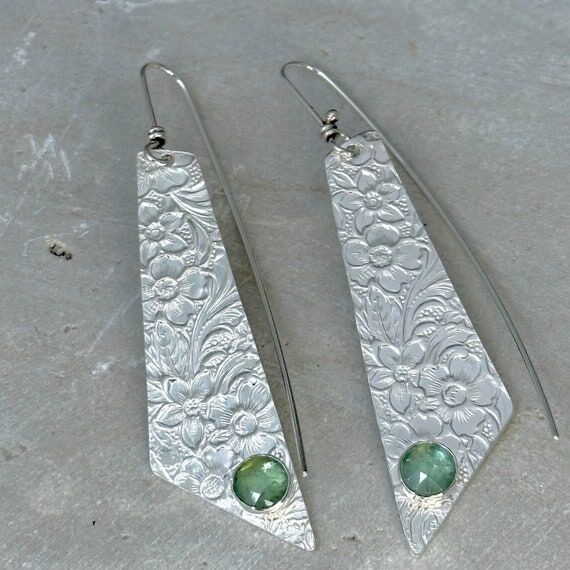 Long Sterling Silver Floral Earrings with Gem...