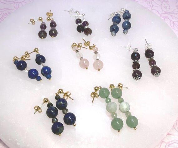 Handmade Gemstone Dangle Earrings: Lapis, Rho...
