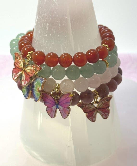 Butterfly Charm Gemstone Bracelets: Varied Ge...