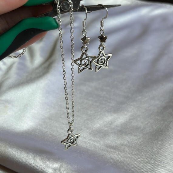 Whimsygoth Silver Star Studded Earrings & Nec...