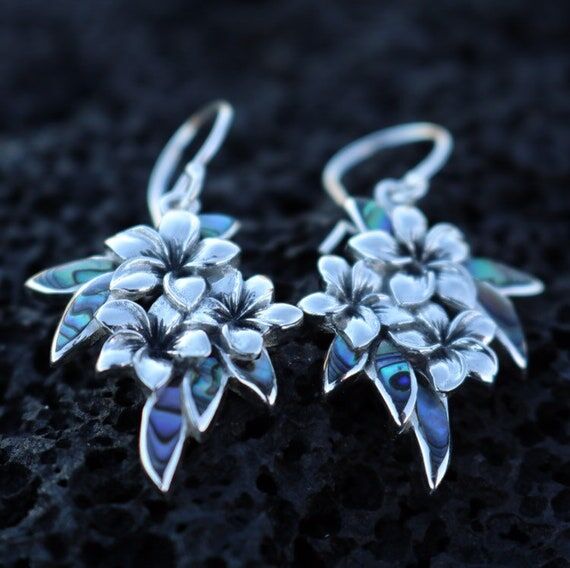 Plumeria Flowers Earrings. Abalone Paua Shell...