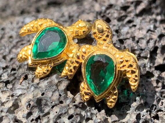 Emerald Turtle Stud Earrings. Gold Vermeil....
