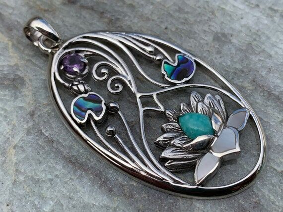 Turquoise Amethyst Lotus Necklace Pendant. St...