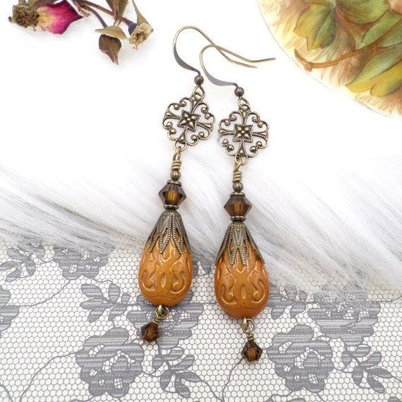 Victorian Brass Filigree Earrings: Orange Acr...