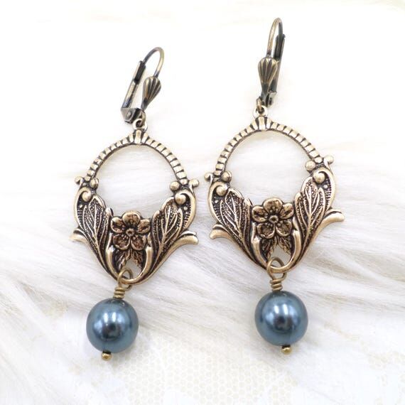 Blue Pearl Dangle Earrings: Art Nouveau Style...