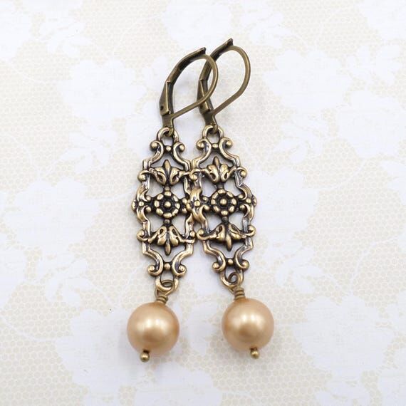 Victorian Earrings, Antique Brass Filigree Je...