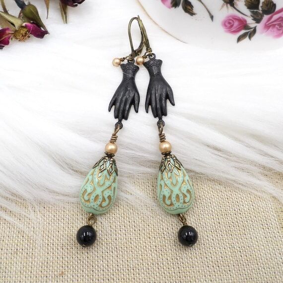 Victorian Goth Earrings, Green Acrylic Bead B...