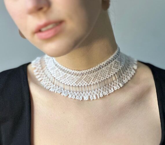 White beadwork Ukrainian beaded bijou jewelry...
