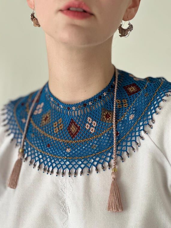Traditional Ukrainian Beaded Necklace Blue an...