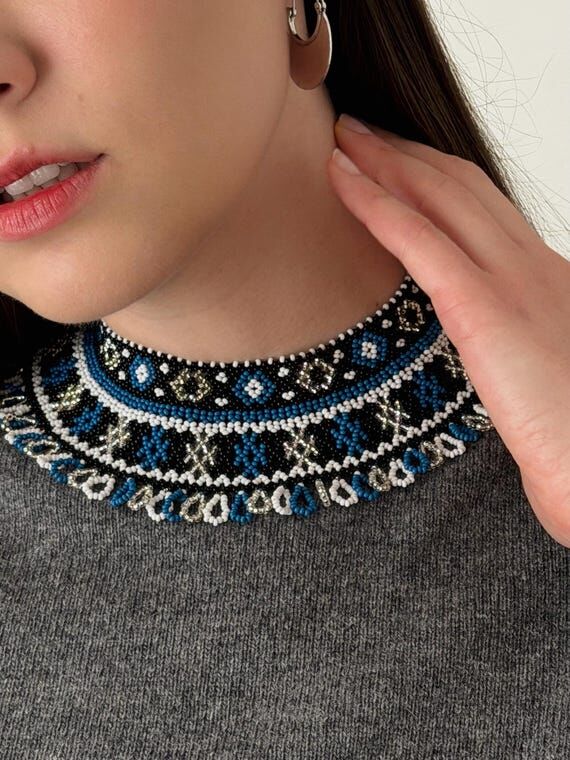Blue Ukrainian Sylianka Collar Necklace, Geom...