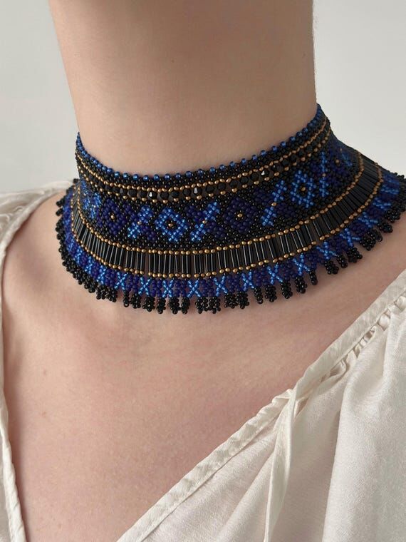 Black Blue Beaded Necklace Ukrainian Sylianka...