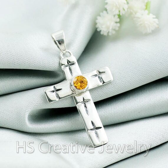 Natural Citrine Cross Pendant: Handmade 925 S...