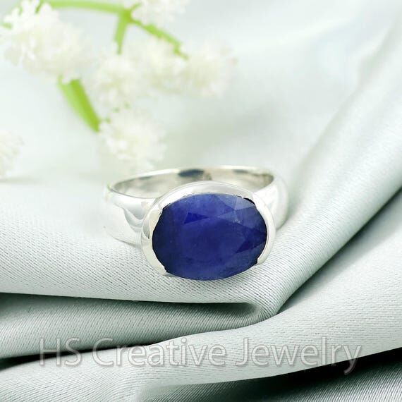 Indian Sapphire Solid Ring, 925 Sterling Silv...