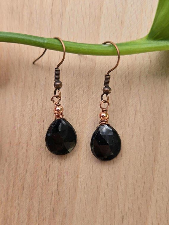 Handmade Black Spinel Copper Earrings: Wire W...
