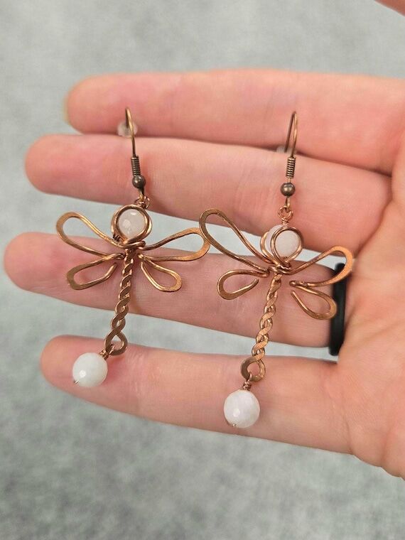 Dragonfly Moonstone Earrings: Copper Crown Ch...