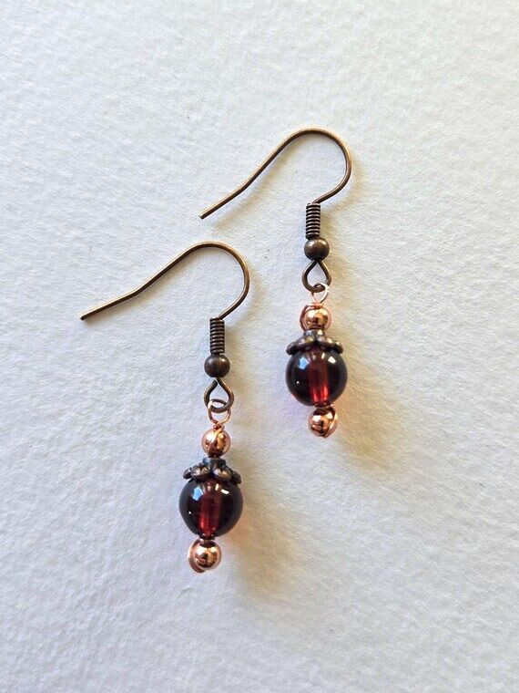 Copper Christmas Earrings Garnet Ornament: Ro...