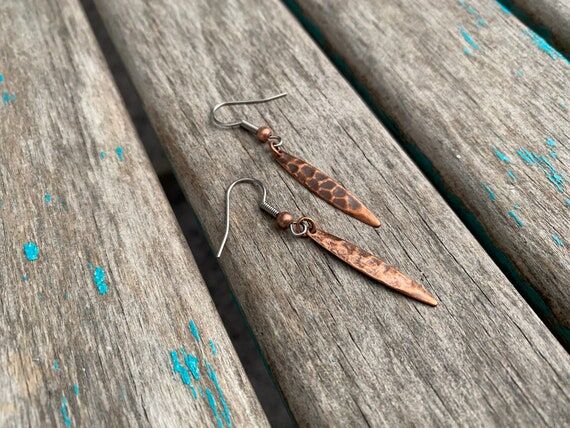 Antique Copper Earrings- Narrow Teardrop- Dar...