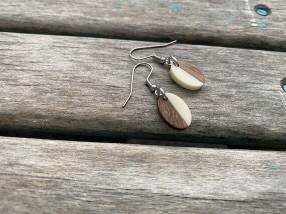 SALE- Wood and Creamy/White Acrylic Earrings-...