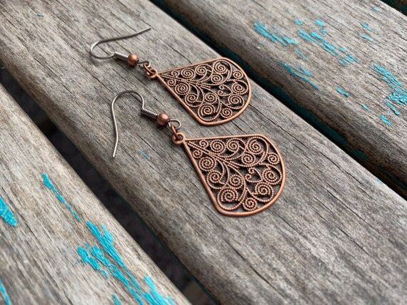Vintage-Inspired Copper Lace Teardrop Earring...