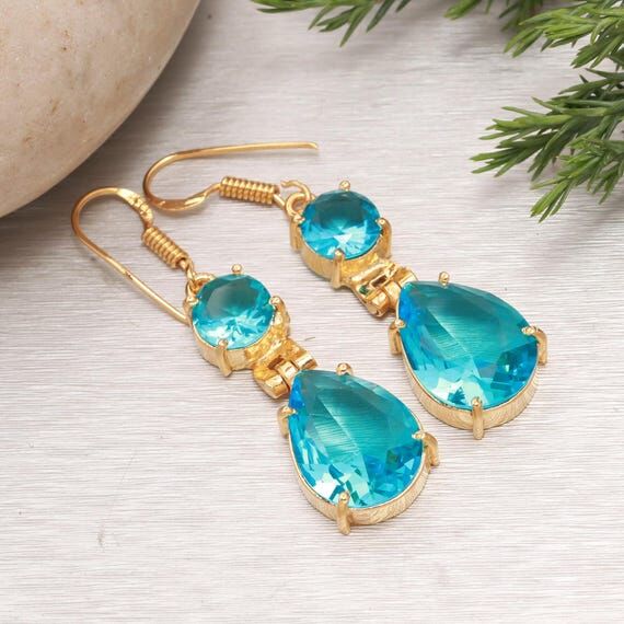 Blue Topaz Teardrop Earring, 18ct Gold Plated...