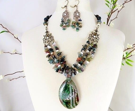 Gemstone Necklace Set Chandelier Earrings Con...