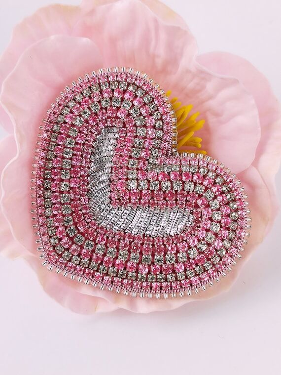 Embroidered Heart Brooch: Pink Rhinestone Val...