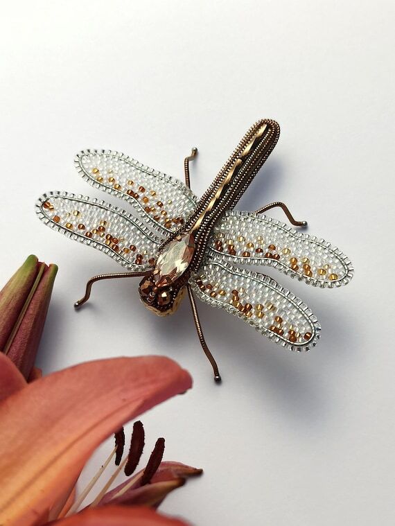 Dragonfly Pin Gift, Embroidered Beaded Dragon...