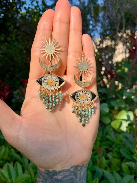 Brass Evil Eye Earrings with Fleabane Daisies...