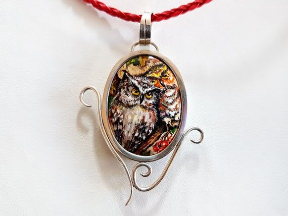 Painting. Owls. Sterling Silver. jasper stone...