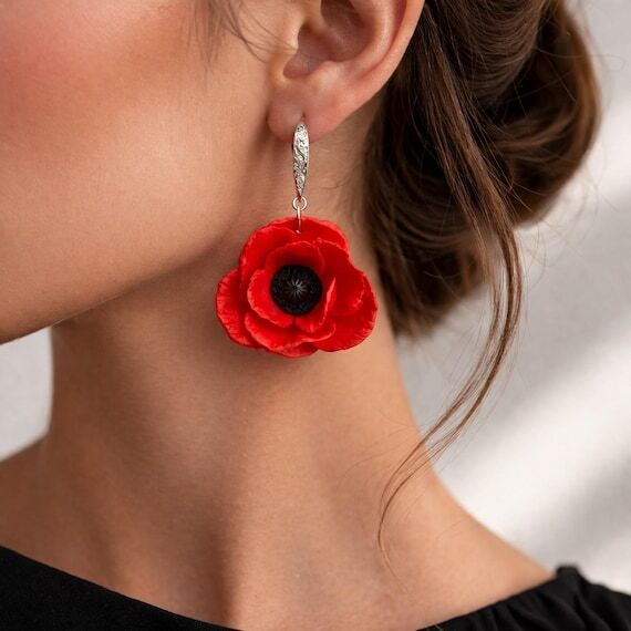 Red Poppy Dangle Earrings Handmade Polymer Cl...