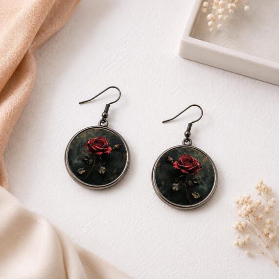 Gothic Red Rose Earrings, Dark Academia Round...