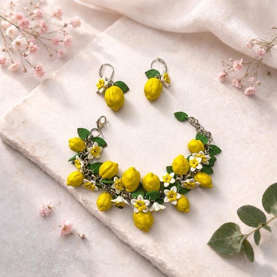 Handmade Lemon Jewelry Set: Polymer Clay Brac...