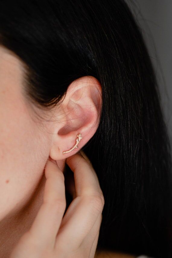 14K Solid Gold Twig Ear Climber-Gold Ear Clim...