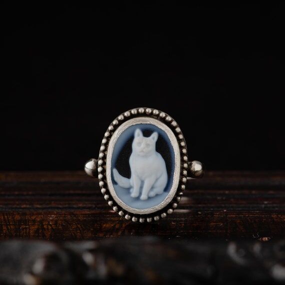 Cat Cameo Ring with Granulation-Sterling Silv...