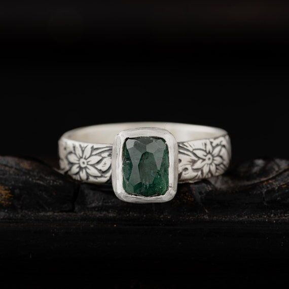 Green Floral Tourmaline Ring-Rustic Ring-Ster...