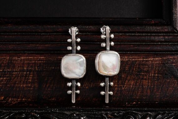Mother of Pearl Stud Earrings-Sterling Silver...